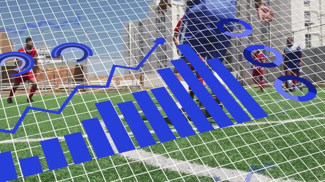 Blue player nudging ball past sliding tackler at arc to score, AR graph overlaying player area