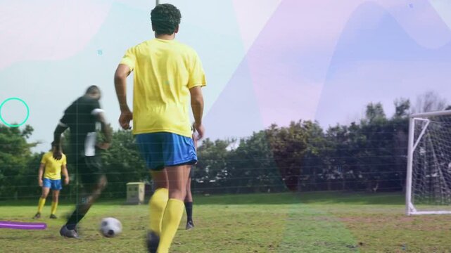 Yellow attacker with ball, shooting for goal, keeper diving, animated lines tracing shot, sports