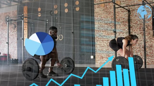 Two lifters gripping bars and doing deadlifts in gym, blue charts overlaying lifters tracking data