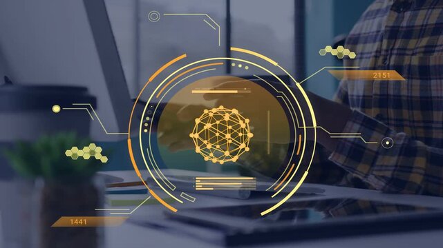 Male worker sorting papers, typing at laptop as HUD centering over keyboard and pulsing analytics