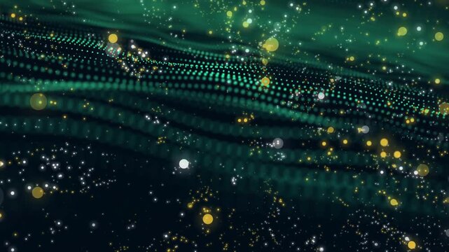Sparks rising starting green dotted bands forming and rippling, orbs drifting, creating dark field