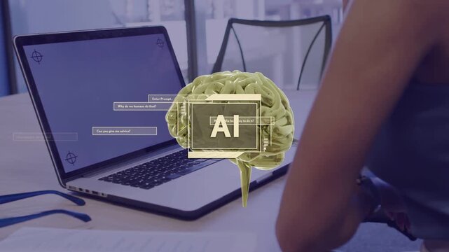 Laptop blue screen initiating AI overlay, woman leaning and viewing animated brain offering prompts