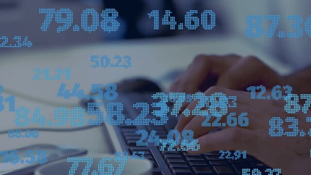 Hands resting, pressing keys, typing and moving while blue numbers shifting for data tracking