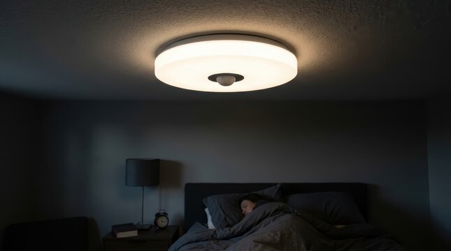 Motion Activated Interior Ceiling Light Fixture Illuminating a Dark Bedroom with Sleeping Person