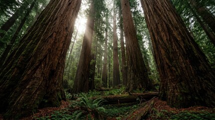 Fototapeta premium Sunlight Beams Through Ancient Redwood Forest Canopy
