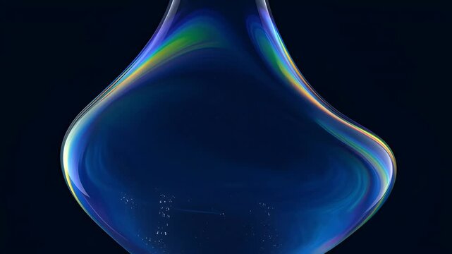 Abstract liquid fluid blob organic blue glow dark gradient illustration of iridescent transparent shape with smooth color on dark background and rainbow swirl translucent art concept