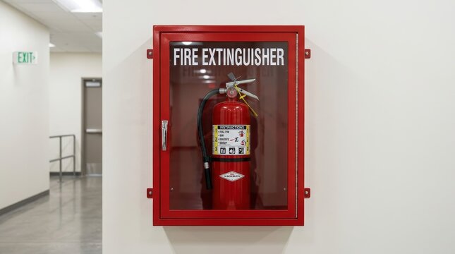 Wall-mounted red fire extinguisher cabinet with clear glass front door and visible safety equipment inside