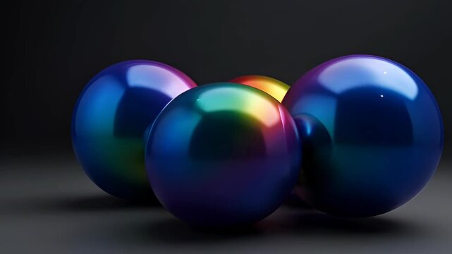 Abstract liquid fluid blob organic spheres in iridescent metallic blue and colorful glossy reflection on dark background, surreal reflective group with rainbow light for SEO search relevance
