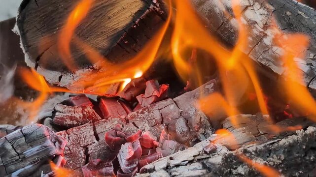 Close-up of burning firewood with glowing red embers and bright orange flames, campfire macro shot