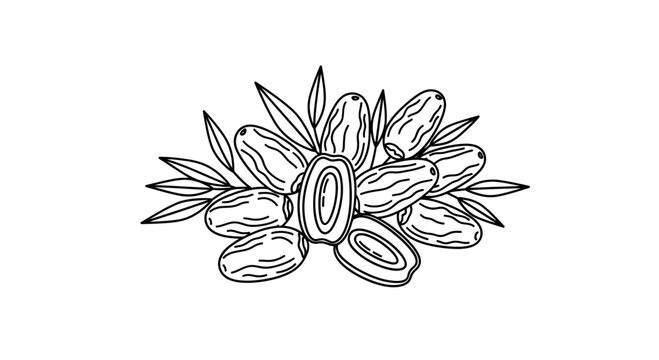 Hand-drawn illustration of dates with leaves, black and white line art