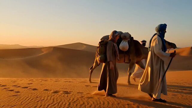 Man leads camel through Israeli desert landscape at sunset with robes