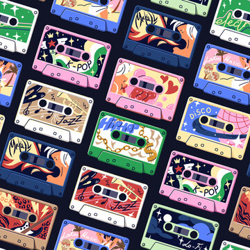 seamless pattern of music cassette tapes
