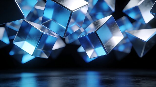Generative AI Shimmering Blue Metallic Cubes in Dynamic