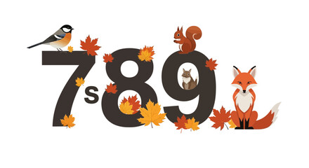 Autumn Numbers 7 8 9 with Cute Animals and Falling Leaves © Alis