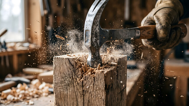 Close-up of Hammer Hitting Wooden Block with Flying Sawdust in Workshop