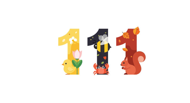 Cute Numbers 111 with Animals and Nature Elements