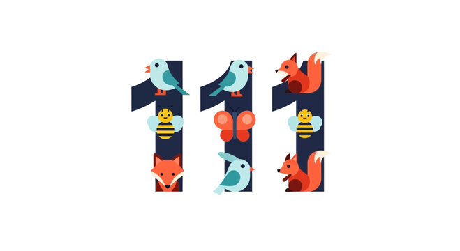 Cute Numbers 111 with Animals and Insects, Cartoon Style, White Background