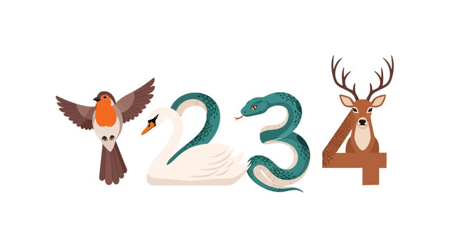 Creative Numbers 1234 with Animals: Robin, Swan, Snake, Deer