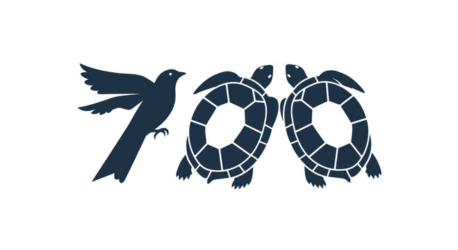 Bird and Two Turtles Forming Number 700, Minimalist Silhouette