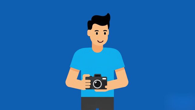 A happy, casual young man in a blue t-shirt stands against a solid blue background, holding up a camera as if taking a photo. He smiles genuinely at the camera in this loopable vector animation.