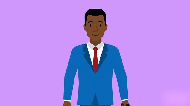 A sleek 2D cartoon Black businessman in a blue suit and red tie standing and speaking confidently, set against a soft purple studio backdrop. Great for corporate training modules, diversity in busines