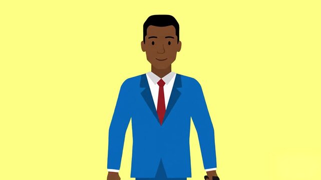 A flat 2D animated man in a professional blue suit and red tie walks while pulling a brown rolling suitcase. Ideal for travel, business trips, relocation, or tourism-related content.