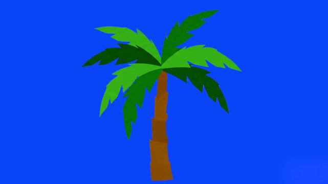 This loopable vector animation shows a single green palm tree with a detailed brown trunk against a clear blue background. The branches gently sway, making it perfect for a tropical background loop, t