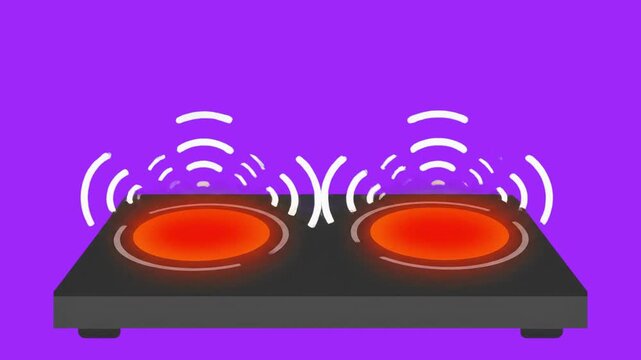 Animated vector graphic of glowing red electric stove burners emitting heat waves on a purple background. Great for cooking videos, appliance demonstrations, thermal concept animations, culinary tutor