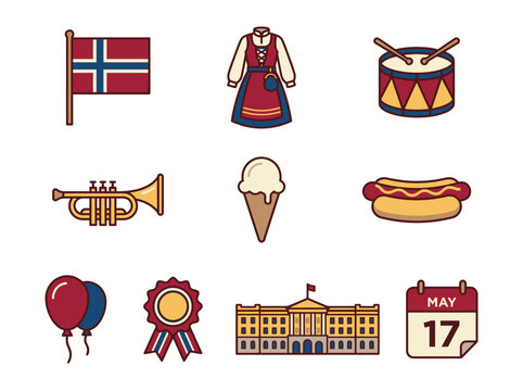 Norway National Day May 17th Vector Icon Set with Traditional Symbols like the Norwegian Flag, Bunad, Royal Palace, and Parade Elements
