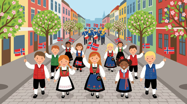 Illustration of Children in Traditional Norwegian Bunad Costumes Celebrating National Day with Flags and a Marching Band in a City Parade