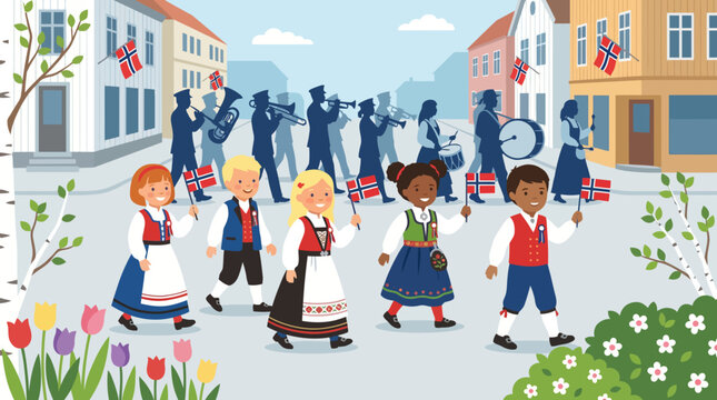 Illustration of children in traditional Norwegian bunad costumes waving flags during a parade for Constitution Day (Syttende Mai)