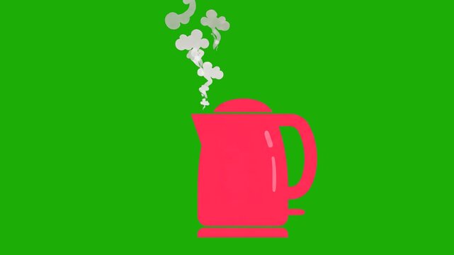 A vibrant 2D vector graphic animation featuring a bright red electric kitchen kettle boiling water with steam clouds rising up against a solid green screen backdrop. Perfect for custom video overlays,