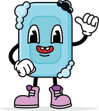 Friendly Blue Soap Bar Mascot with Bubbles