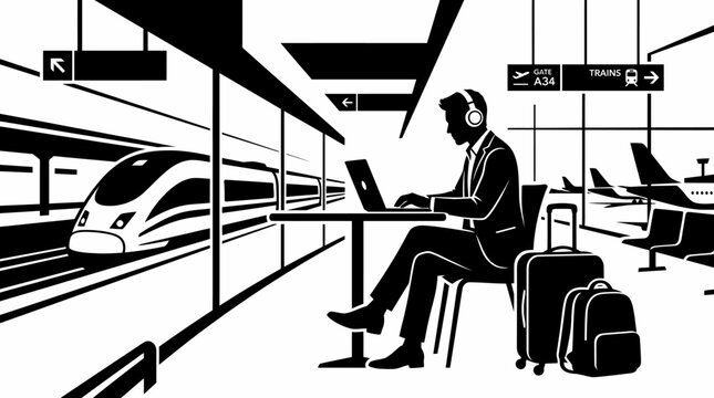 Man working on laptop at airport terminal with train