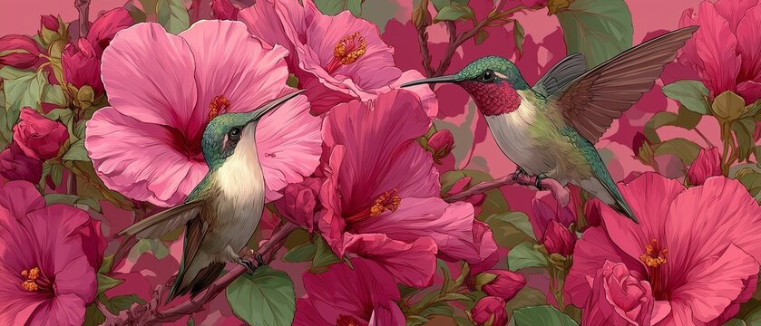 Hummingbird Illustration with Red and Burgundy Flowers in Detailed Botanical Floral Nature Artwork Design