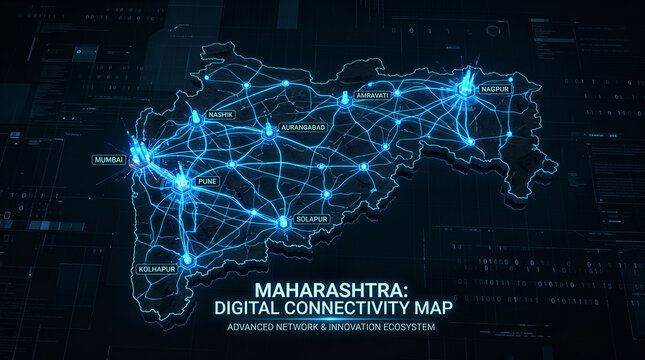 Digital Maharashtra Map showing network connectivity and innovation