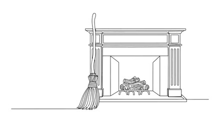 Fototapeta premium Fireplace and Broom Line Art - Cozy Home Cleaning Concept