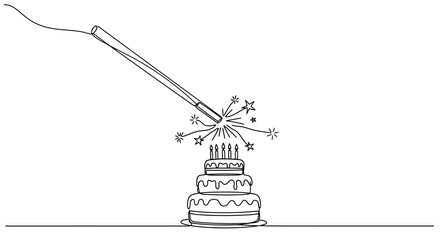 Fototapeta premium Birthday Cake Sparkler Celebration Line Drawing