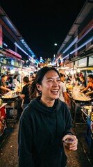 Obraz premium Authentic Asian Night Market Tourism and Gen Z Lifestyle Concept Featuring Happy Woman Laughing in Street Food Alley Social Media Ad Vertical Story