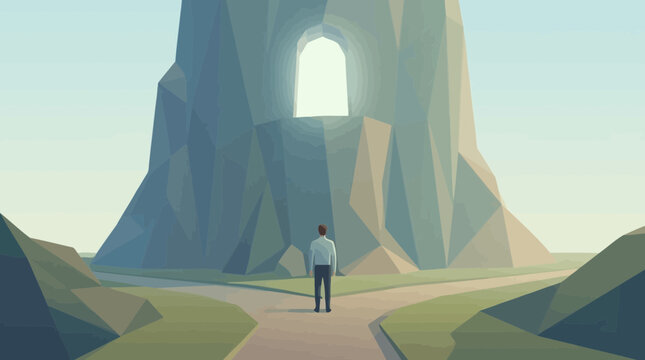 Man standing on path looking at large stone structure with glowing archway