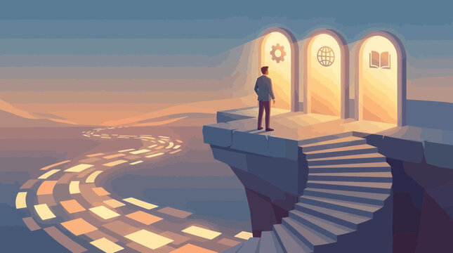 Man standing on cliff with glowing doors and winding road ahead