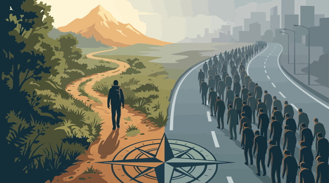 Man walking alone on dirt path with crowd on road to city and mountain