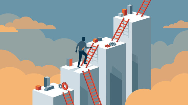 Man climbing ladders on buildings with clouds in the background