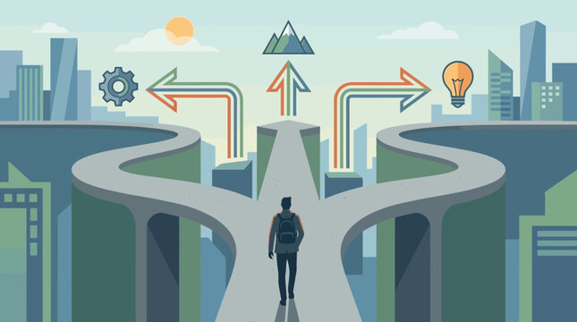 Man standing at a crossroads with multiple paths to choose from in a city