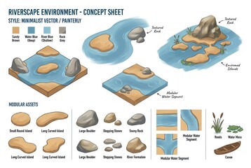 Fototapeta premium Riverscape Environment Concept Sheet with Landforms and Water Features.