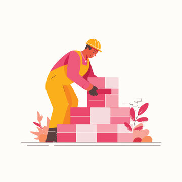 Man in yellow uniform stacking blocks.