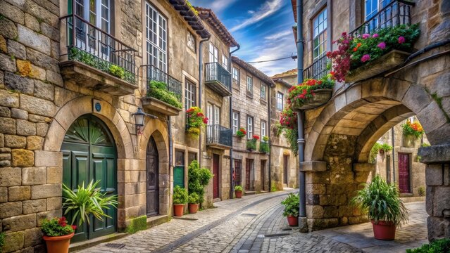 A photo of the old center of Barcelos, Portugal, with cobblestone streets and historic buildings lining both sides Weathered facades, intricate woodw