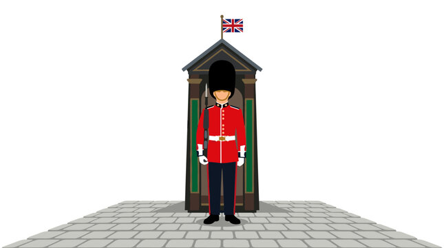 British Royal Guard standing in a sentry box on a paved ground.
