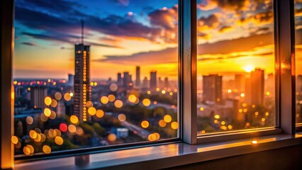 Obraz premium A realistic photo of Sunset city view from a window