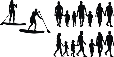 Fototapeta premium Black silhouette illustrations of paddleboarding individuals and walking family groups representing outdoor recreation and lifestyle activities